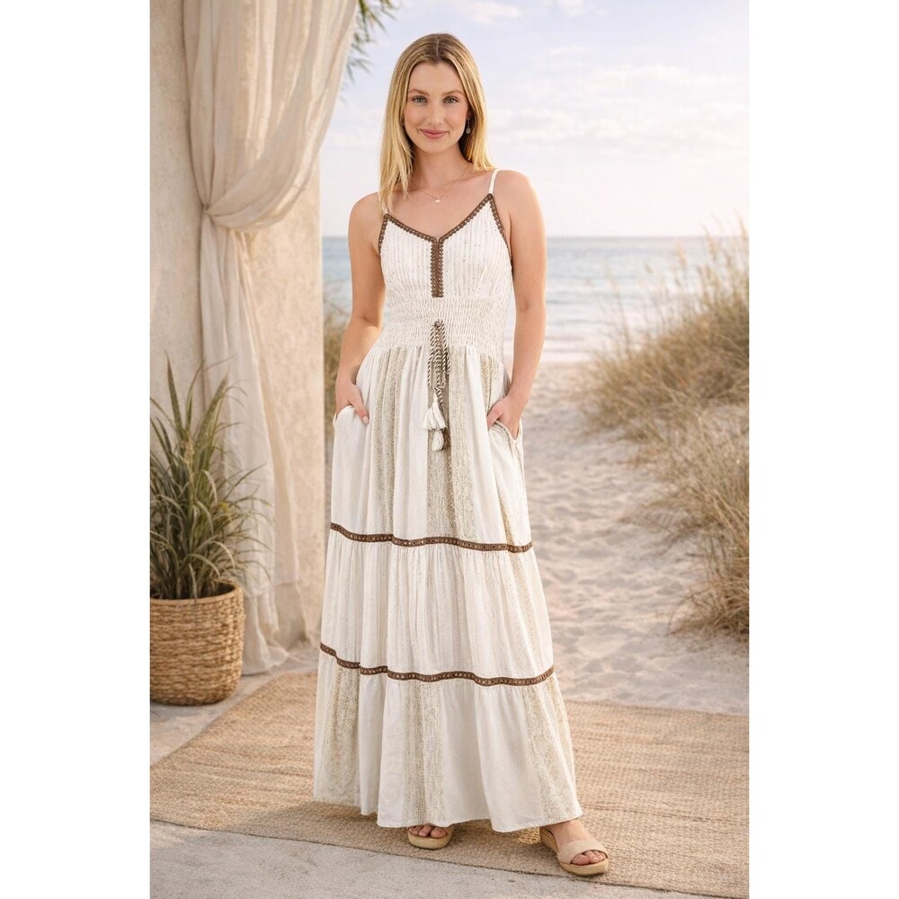NEW Coastal Boho Maxi Dress | Smocked Waist Gold Detail Pockets (Beach Vacation)